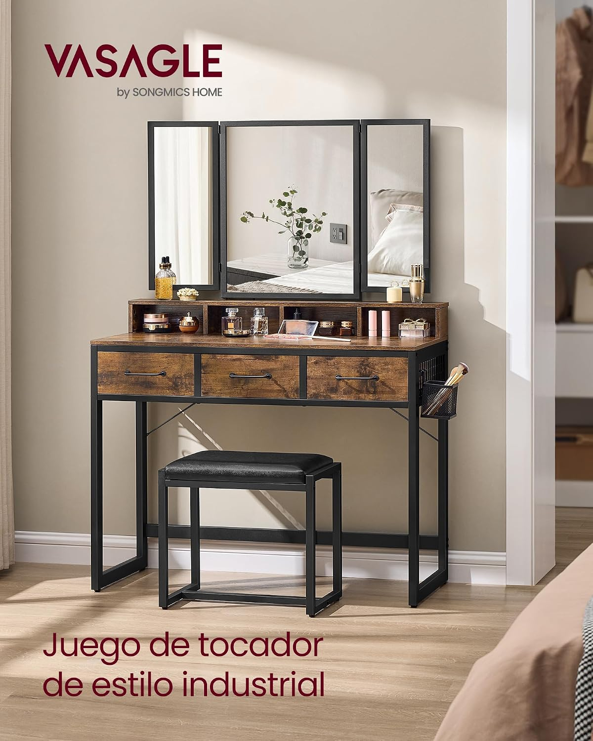 VASAGLE Tocador con Espejo y Taburete, Mesa de Maquillaje con Espejo Triple, 3 Cajones, Industrial, Marrón Rústico y Negro MRVT004B01V2