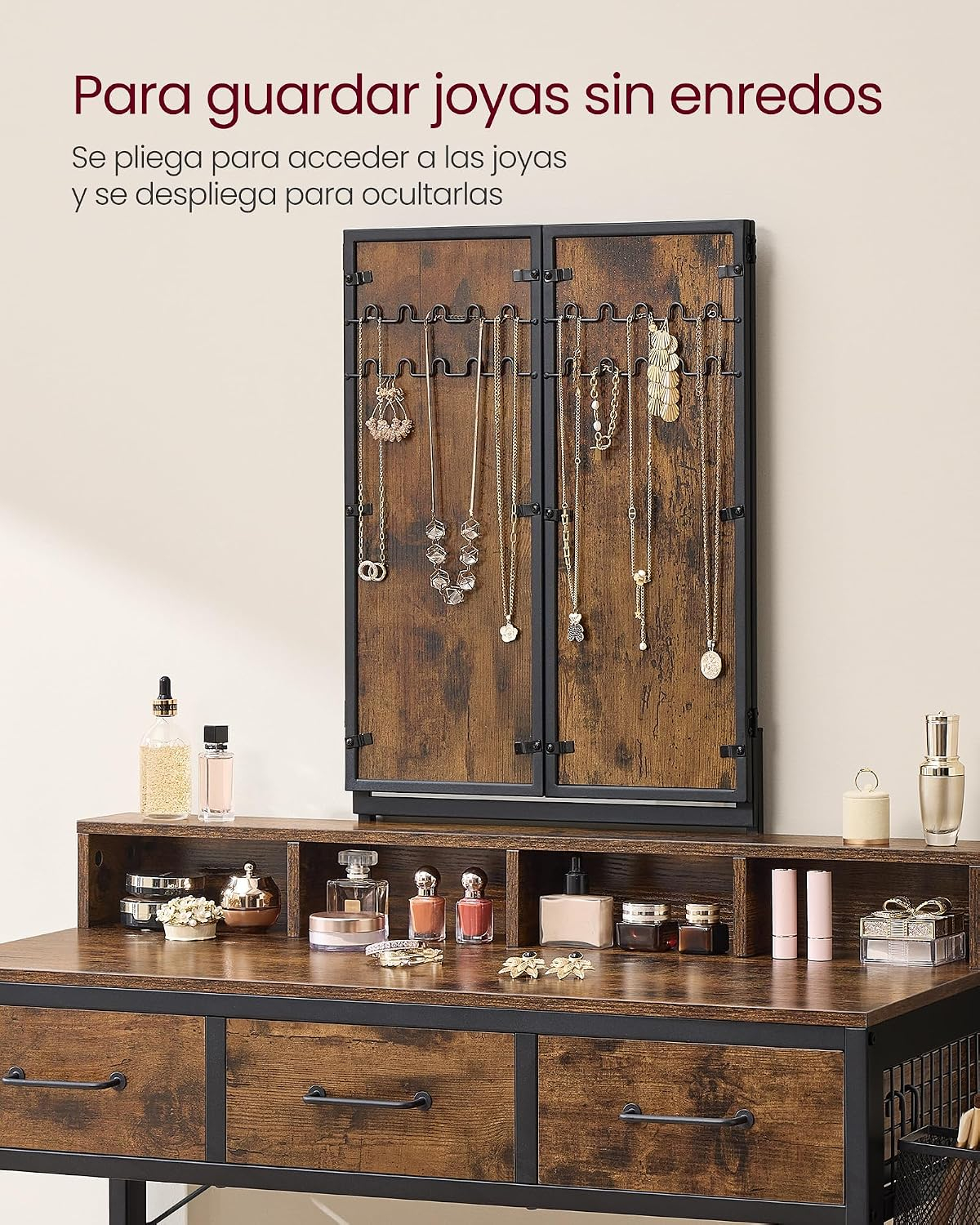 VASAGLE Tocador con Espejo y Taburete, Mesa de Maquillaje con Espejo Triple, 3 Cajones, Industrial, Marrón Rústico y Negro MRVT004B01V2