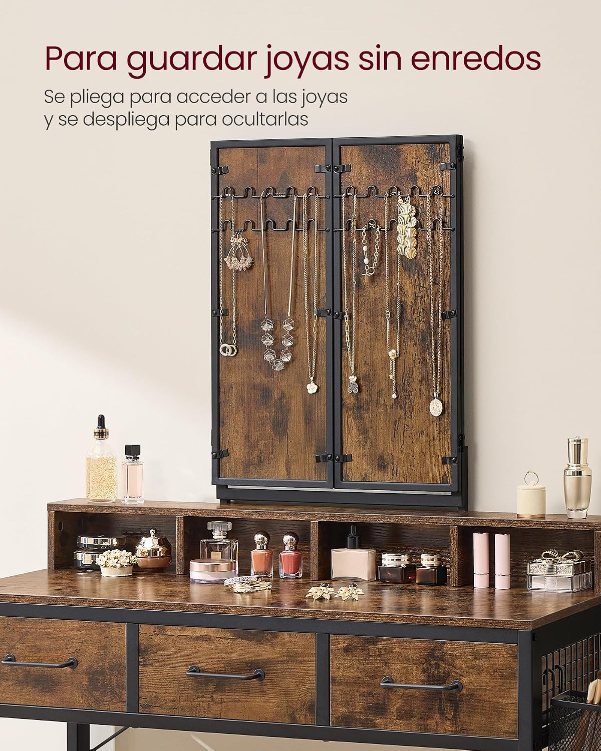 VASAGLE Tocador con Espejo y Taburete, Mesa de Maquillaje con Espejo Triple, 3 Cajones, Industrial, Marrón Rústico y Negro MRVT004B01V2