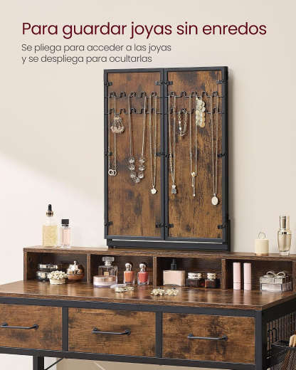 VASAGLE Tocador con Espejo y Taburete, Mesa de Maquillaje con Espejo Triple, 3 Cajones, Industrial, Marrón Rústico y Negro MRVT004B01V2