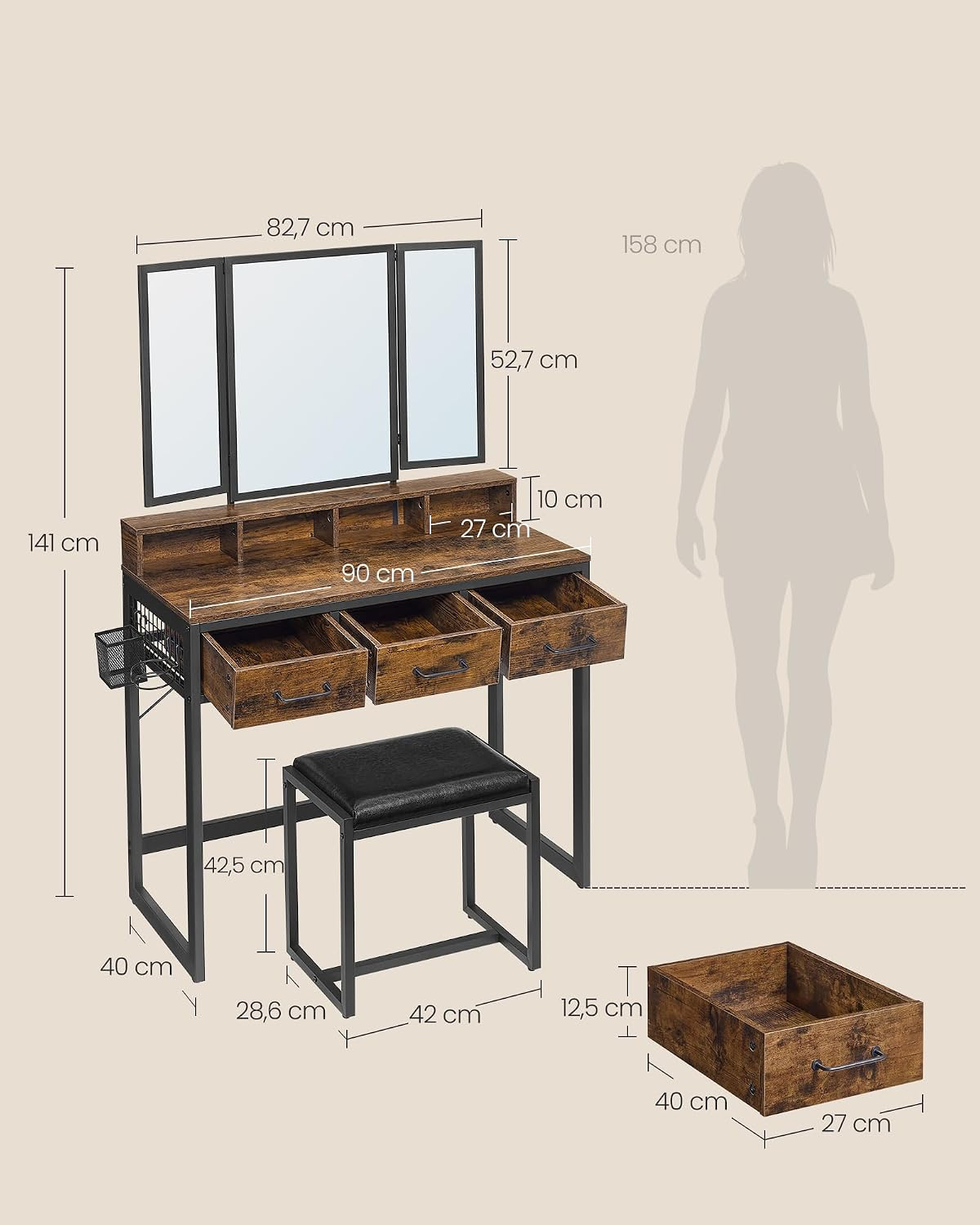 VASAGLE Tocador con Espejo y Taburete, Mesa de Maquillaje con Espejo Triple, 3 Cajones, Industrial, Marrón Rústico y Negro MRVT004B01V2