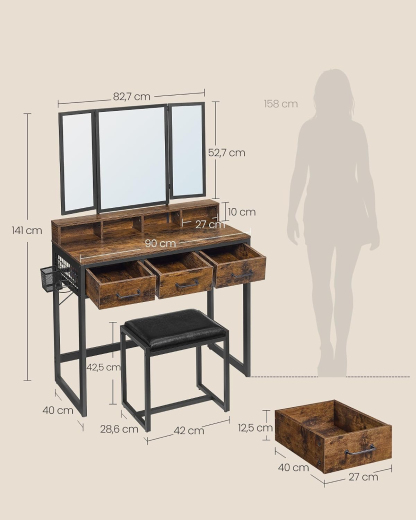 VASAGLE Tocador con Espejo y Taburete, Mesa de Maquillaje con Espejo Triple, 3 Cajones, Industrial, Marrón Rústico y Negro MRVT004B01V2