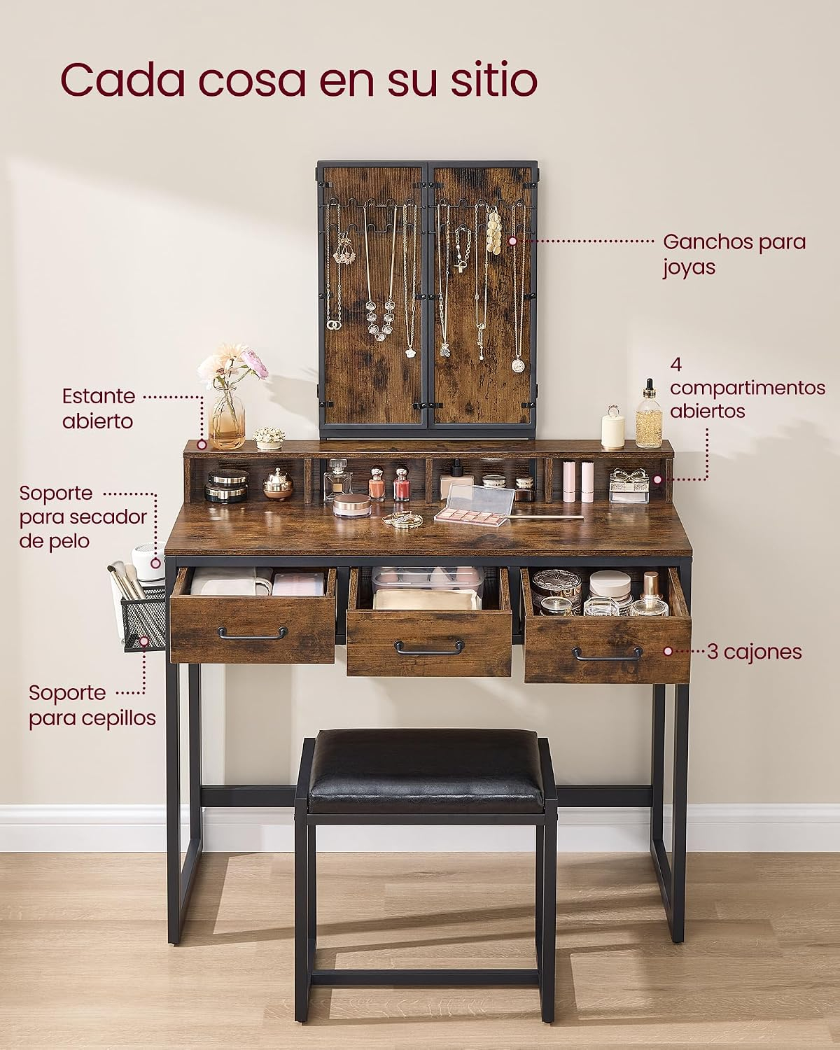 VASAGLE Tocador con Espejo y Taburete, Mesa de Maquillaje con Espejo Triple, 3 Cajones, Industrial, Marrón Rústico y Negro MRVT004B01V2