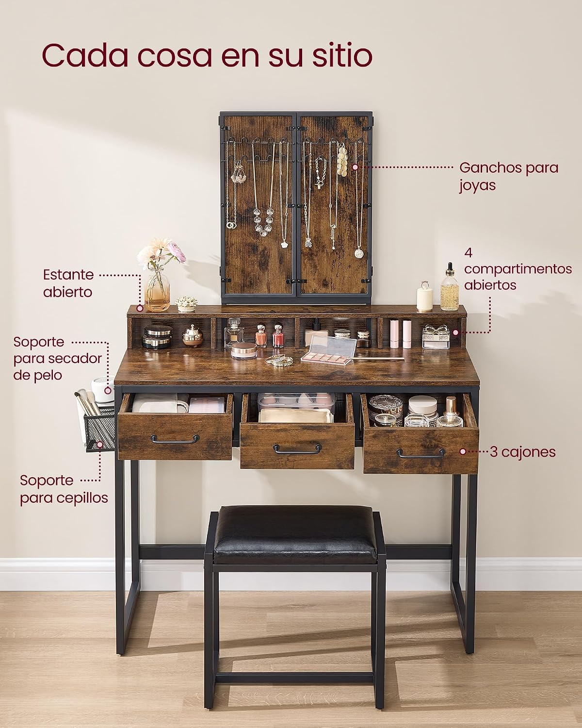 VASAGLE Tocador con Espejo y Taburete, Mesa de Maquillaje con Espejo Triple, 3 Cajones, Industrial, Marrón Rústico y Negro MRVT004B01V2