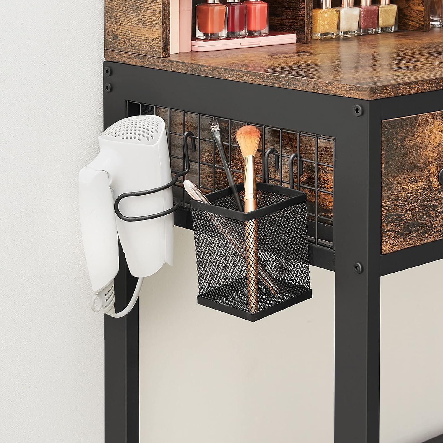 VASAGLE Tocador con Espejo y Taburete, Mesa de Maquillaje con Espejo Triple, 3 Cajones, Industrial, Marrón Rústico y Negro MRVT004B01V2