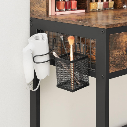 VASAGLE Tocador con Espejo y Taburete, Mesa de Maquillaje con Espejo Triple, 3 Cajones, Industrial, Marrón Rústico y Negro MRVT004B01V2