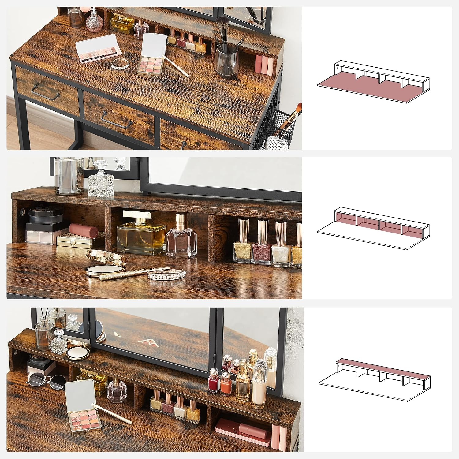 VASAGLE Tocador con Espejo y Taburete, Mesa de Maquillaje con Espejo Triple, 3 Cajones, Industrial, Marrón Rústico y Negro MRVT004B01V2
