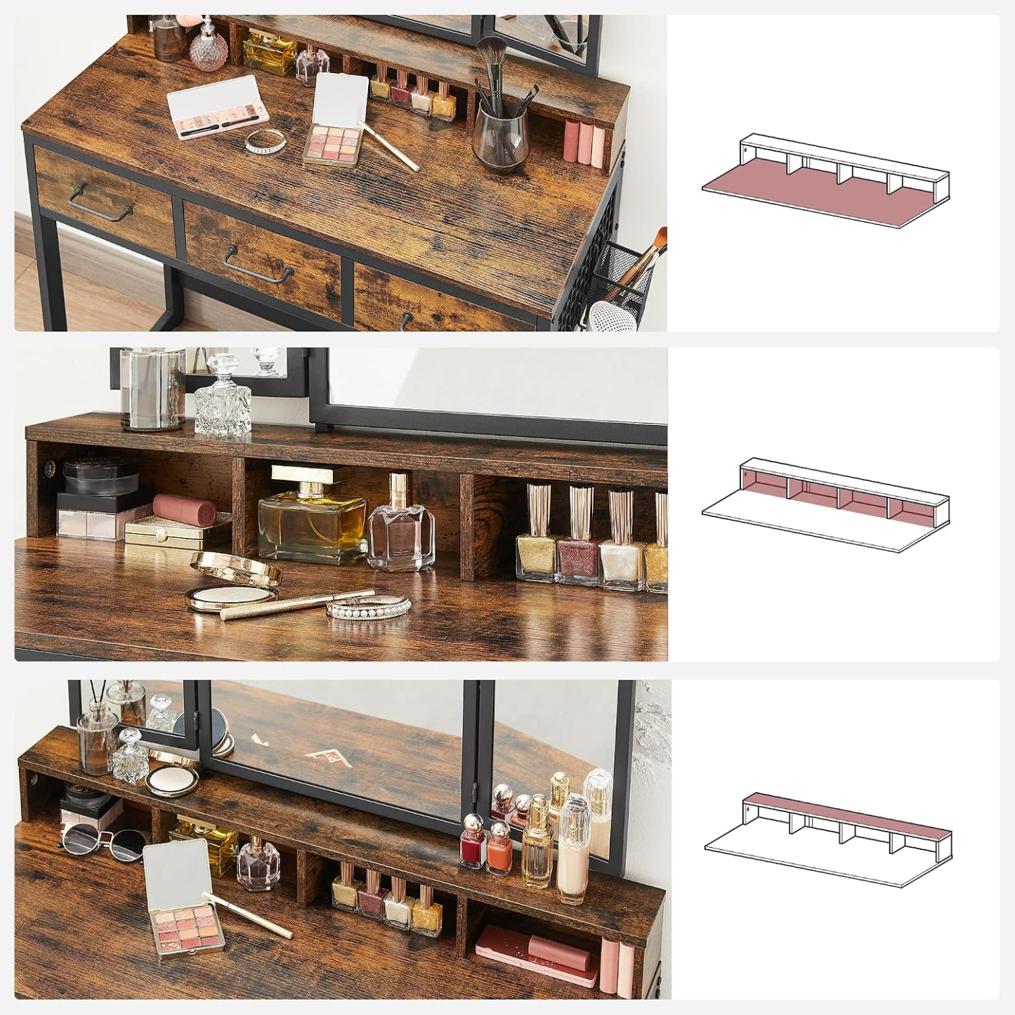VASAGLE Tocador con Espejo y Taburete, Mesa de Maquillaje con Espejo Triple, 3 Cajones, Industrial, Marrón Rústico y Negro MRVT004B01V2