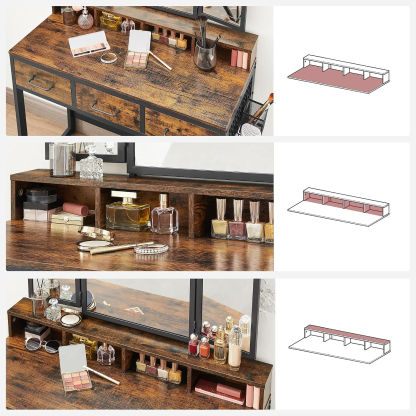 VASAGLE Tocador con Espejo y Taburete, Mesa de Maquillaje con Espejo Triple, 3 Cajones, Industrial, Marrón Rústico y Negro MRVT004B01V2