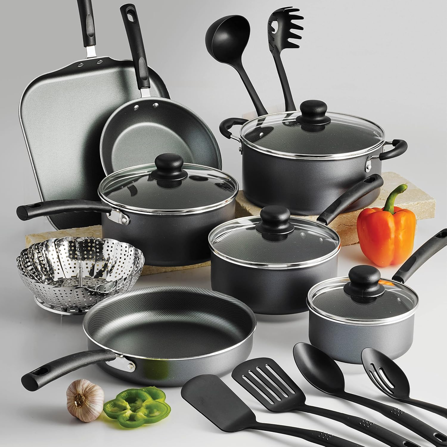 TRAMONTINA - Batería de Cocina Primaware, Aluminio, Antiadherente, Incluye 18 Piezas, Color Gris