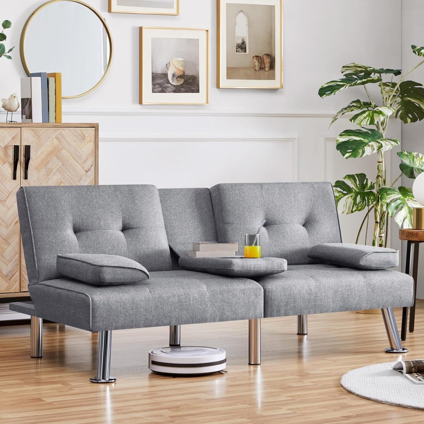 Yaheetech - Sofá cama convertible ajustable, moderno sillón reclinable, piel sintética, plegable, cama de invitados, reposabrazos extraíbles, portavasos 3 ángulos, capacidad de 317 kg, blanco