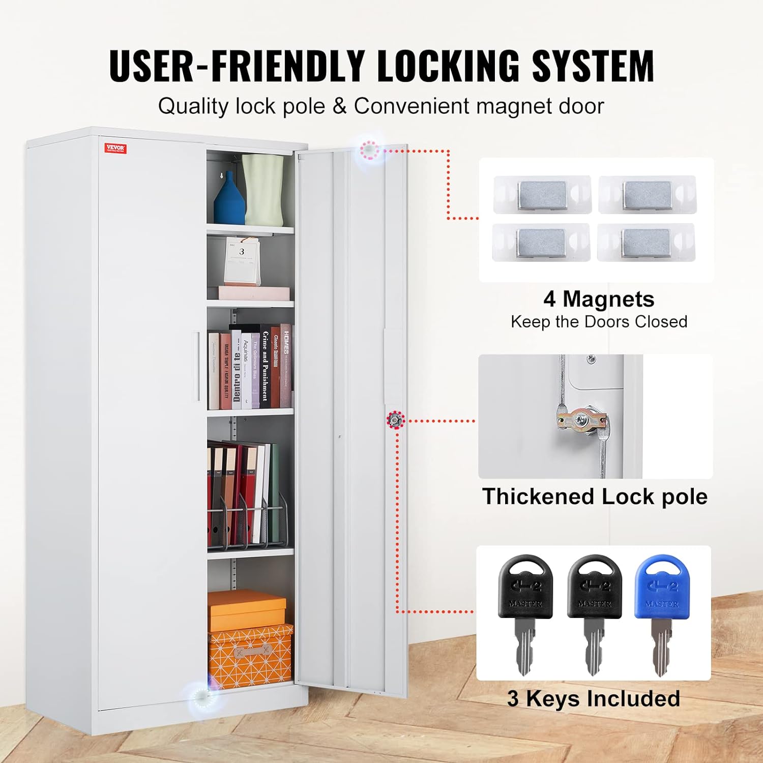 Metal Storage Cabinet with Wheels, 75'' Locking Steel Storage Cabinet with 2 Magnetic Doors and 4 Adjustable Shelves for Office, Garage, Home