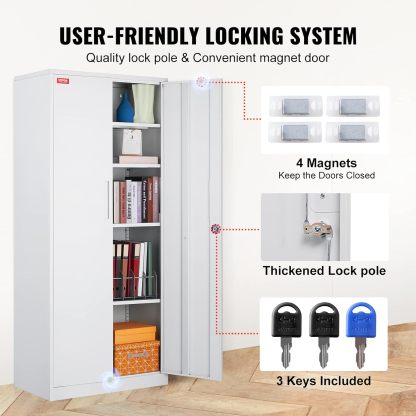 Metal Storage Cabinet with Wheels, 75'' Locking Steel Storage Cabinet with 2 Magnetic Doors and 4 Adjustable Shelves for Office, Garage, Home