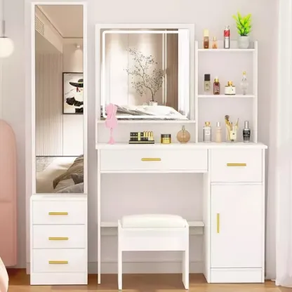Tocador De Dormitorio Con Luces Led Y Dos Espejos Con Banco