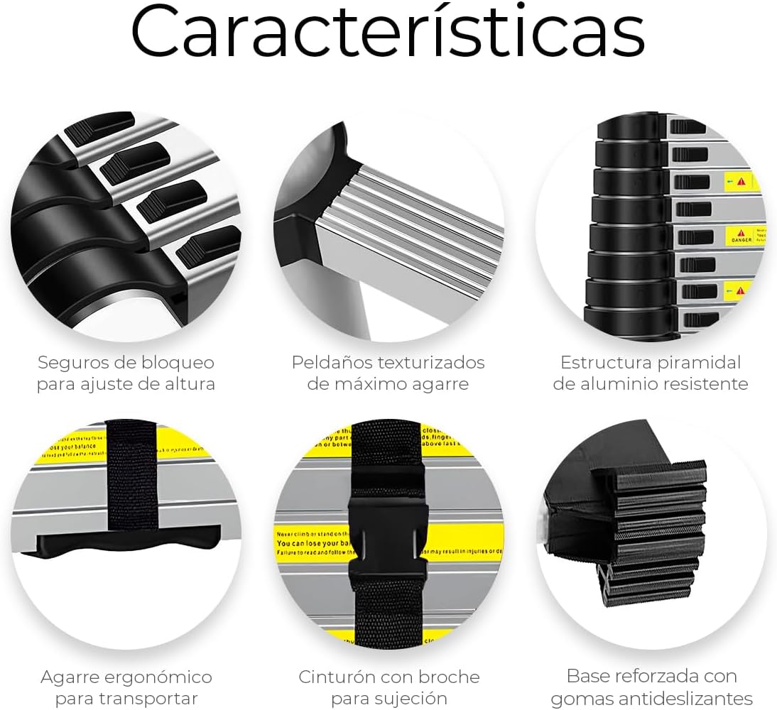 Raganet, Escalera Telescópica Recta, Escalera de Recta de Altura Ajustable, Aluminio Reforzado y Duradera, Modelo Retráctil de Mayor Estabilidad (5 Metros)