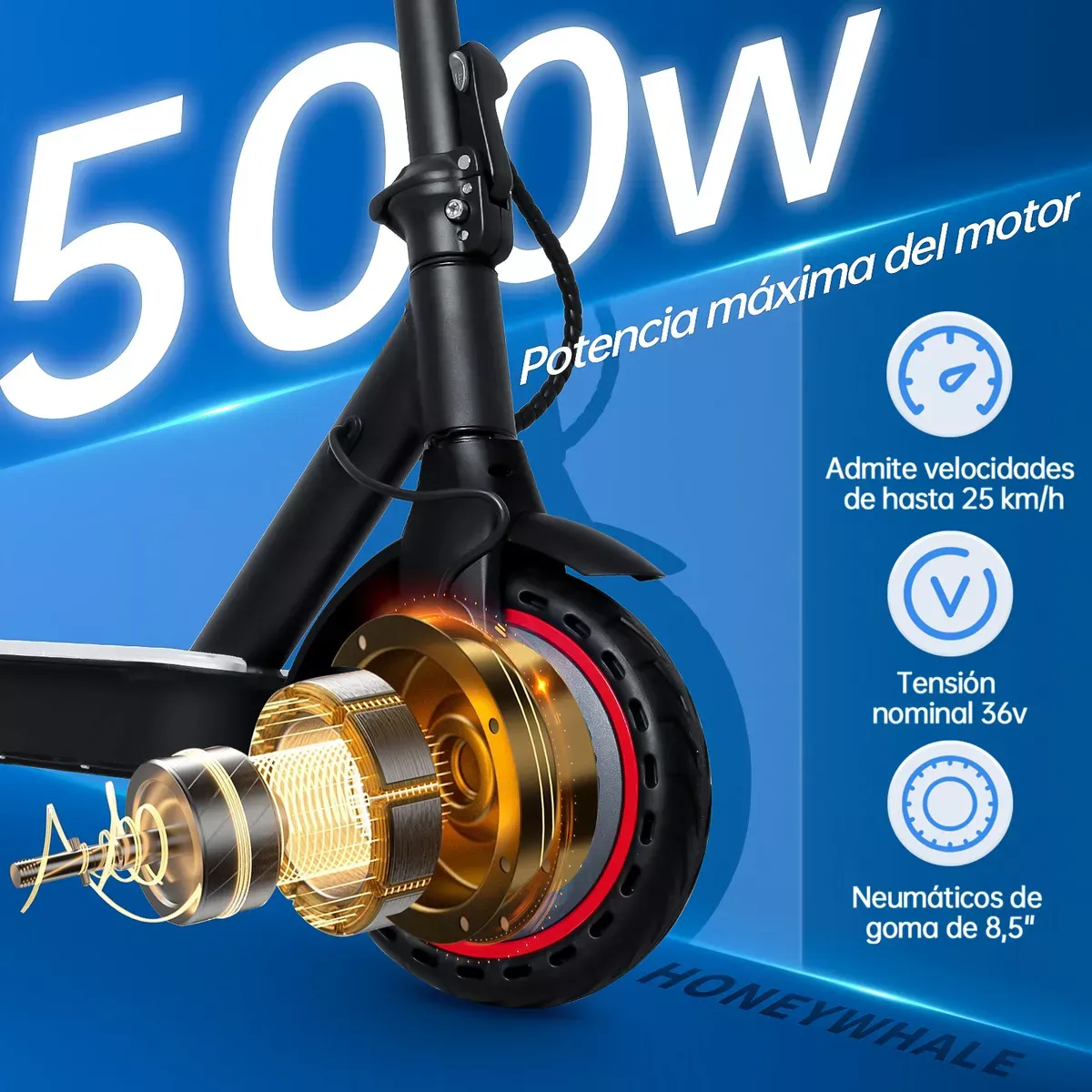 Scooter Eléctrico Patín Plegable Para Adultos S2-V2 Honey Whale Patin Electrico Con Motor Sin Escobillas Potencia Máxima 500w, Velocidad Máxima De 30km/h Con Luz Led En 4 Colores-Guantes