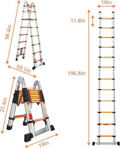 EvaStar - Escalera telescópica con marco A, escaleras telescópicas de aluminio ligeras con estabilizadores triangulares, barra estabilizadora y ruedas, escalera de extensión de capacidad de 350 libras