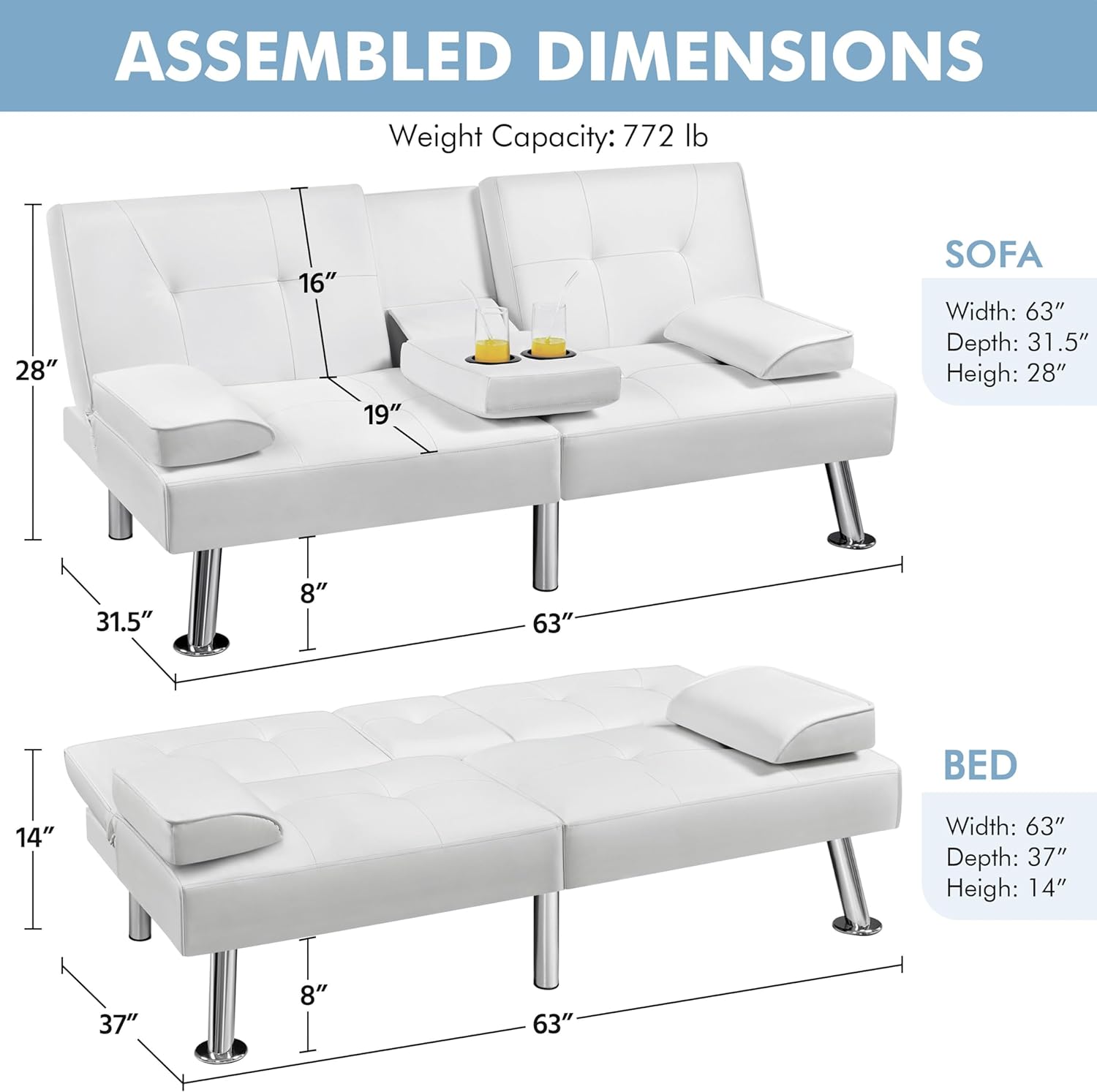 Yaheetech - Sofá cama convertible ajustable, moderno sillón reclinable, piel sintética, plegable, cama de invitados, reposabrazos extraíbles, portavasos 3 ángulos, capacidad de 317 kg, blanco