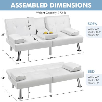 Yaheetech - Sofá cama convertible ajustable, moderno sillón reclinable, piel sintética, plegable, cama de invitados, reposabrazos extraíbles, portavasos 3 ángulos, capacidad de 317 kg, blanco