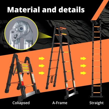 EvaStar - Escalera telescópica con marco A, escaleras telescópicas de aluminio ligeras con estabilizadores triangulares, barra estabilizadora y ruedas, escalera de extensión de capacidad de 350 libras