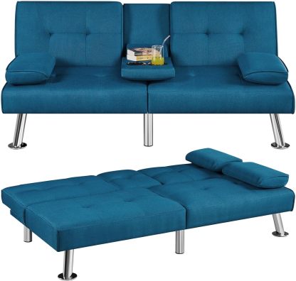 Yaheetech - Sofá cama convertible ajustable, moderno sillón reclinable, piel sintética, plegable, cama de invitados, reposabrazos extraíbles, portavasos 3 ángulos, capacidad de 317 kg, blanco