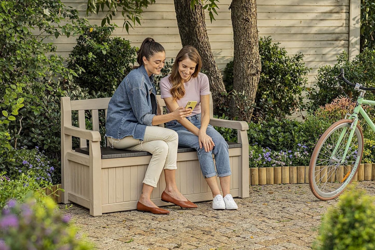 Keter Banco de jardín Eden, Caja de Almacenamiento de Jardin, Cerradura, Polipropileno, Blanco y Marrón