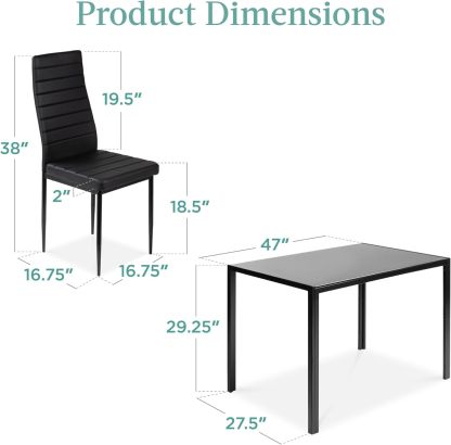 Best Choice Products - Juego de mesa de cocina y comedor de 5 piezas con tapa de cristal y 4 sillas de cuero Dinette, color negro