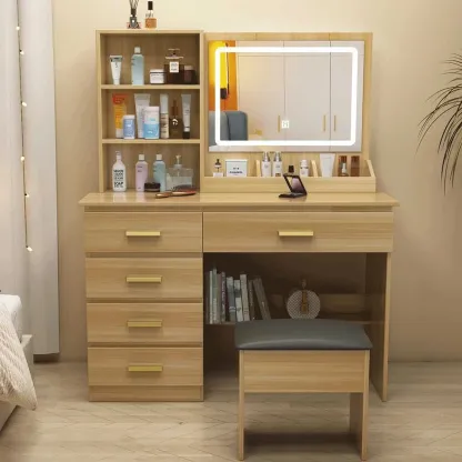 Tocador,Tocador de Maquillaje con Luces de Espejo, Vanity Tocador con 5 Cajones,Estantes de Almacenamiento,Taburete Acolchado, Tocador con 3 Estantes, Mesa de Maquillaje para Dormitorio Blanco
