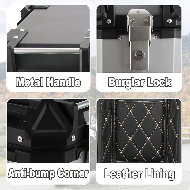 Maletero de motocicleta de gran capacidad de 65L en 3 colores, maleta trasera para motocicleta, baúl de viaje con cerradura de seguridad para almacenamiento de casco y equipaje, material de aleación de aluminio, almacenamiento para casco, caja de almacena