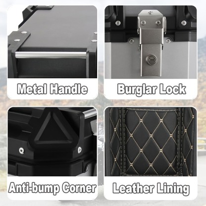 Maletero de motocicleta de gran capacidad de 65L en 3 colores, maleta trasera para motocicleta, baúl de viaje con cerradura de seguridad para almacenamiento de casco y equipaje, material de aleación de aluminio, almacenamiento para casco, caja de almacena