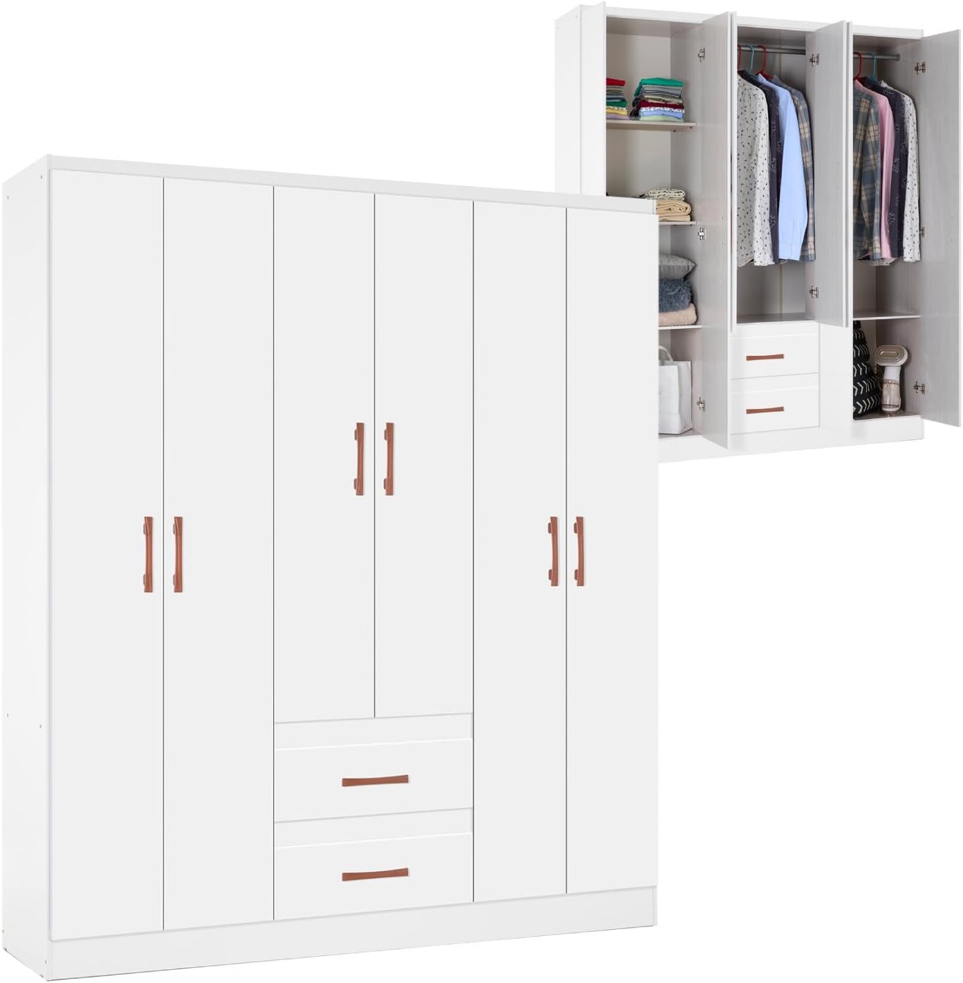 Kingshouse | Ropero De 6 Puertas con 2 Cajones – Color Café – Barra para Colgar – Estructura MDP – Mueble Organizador De Ropa – Armario para Casa, Recámara y Hogar