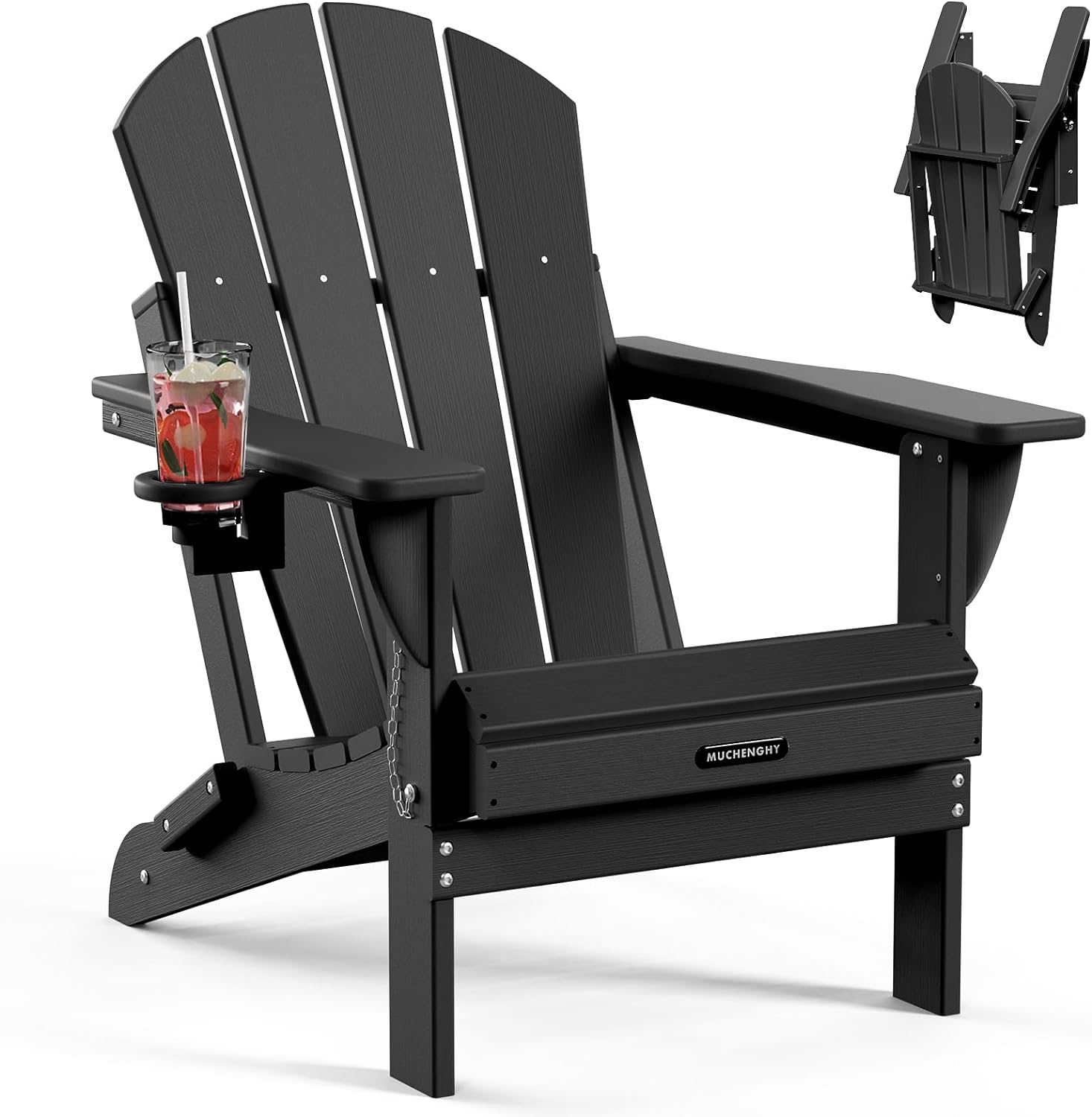 MUCHENGHY Sillas plegables Adirondack, sillas de patio, sillas para hogueras, sillas de exterior, sillas Adirondack de plástico, sillas de césped resistentes a la intemperie con portavasos para terraza, patio trasero, jardín (negro)