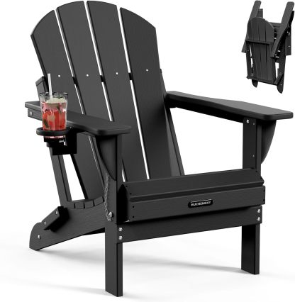 MUCHENGHY Sillas plegables Adirondack, sillas de patio, sillas para hogueras, sillas de exterior, sillas Adirondack de plástico, sillas de césped resistentes a la intemperie con portavasos para terraza, patio trasero, jardín (negro)