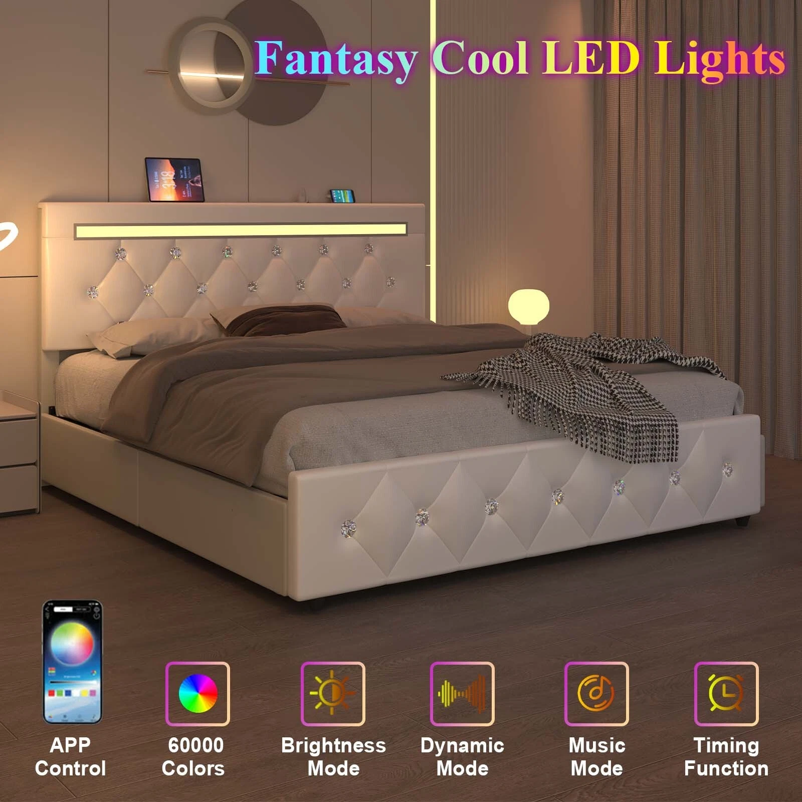 Marco de cama con plataforma tapizada en cuero de tamaño completo con luces LED y 4 cajones