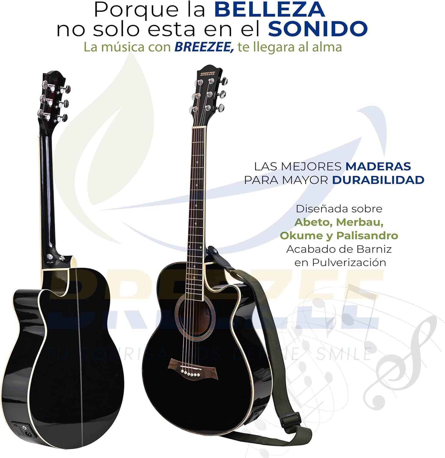 BREEZEE Guitarra Electroacústica de 40” Diseñada sobre Abeto, Merbau, Okume y Palisandro. Acabado de Barniz en Pulverización, Incluye Set de Accesorios Completo para Principiante