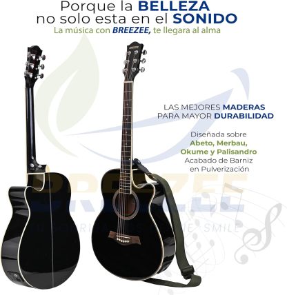 BREEZEE Guitarra Electroacústica de 40” Diseñada sobre Abeto, Merbau, Okume y Palisandro. Acabado de Barniz en Pulverización, Incluye Set de Accesorios Completo para Principiante