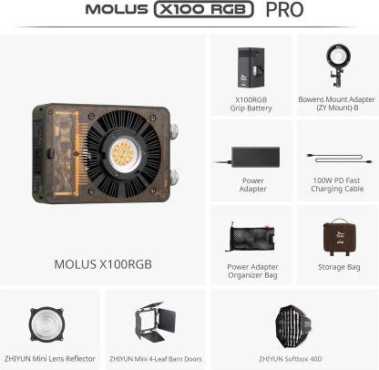 ZHIYUN MOLUS X100 RGB PRO 100W Video Light [Official] V2 Upgraded Version Professional Photography Lighting Portable Continuous Output Lighting 2500K~10000K CRI≥95 TLCI ≥97 Only 384g