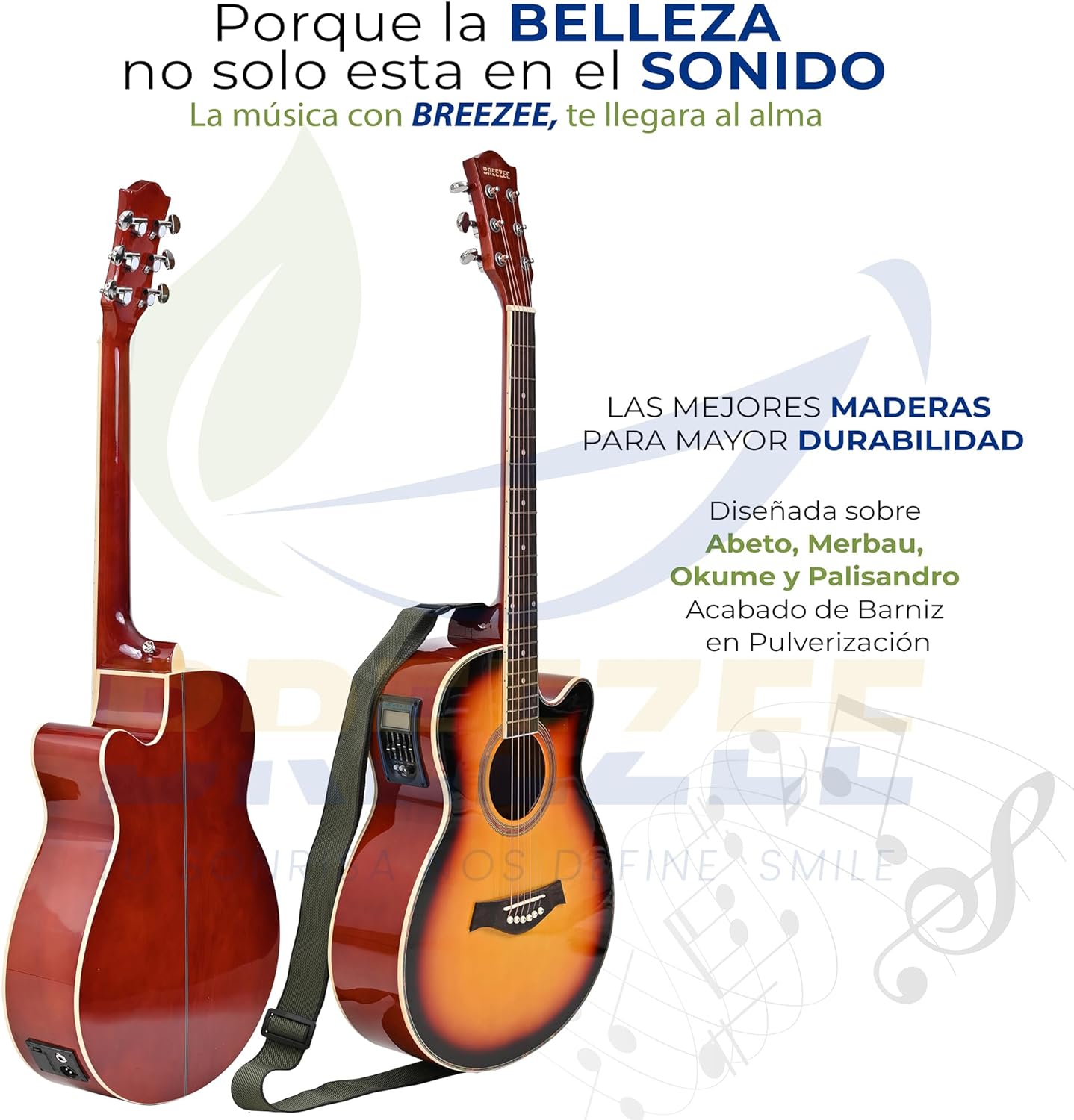 BREEZEE Guitarra Electroacústica de 40” Diseñada sobre Abeto, Merbau, Okume y Palisandro. Acabado de Barniz en Pulverización, Incluye Set de Accesorios Completo para Principiante