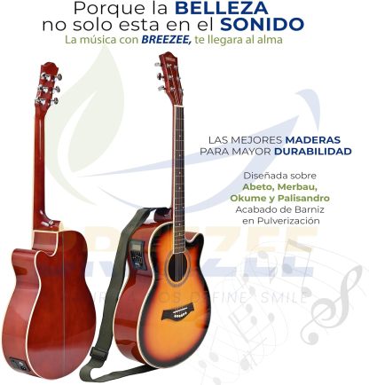BREEZEE Guitarra Electroacústica de 40” Diseñada sobre Abeto, Merbau, Okume y Palisandro. Acabado de Barniz en Pulverización, Incluye Set de Accesorios Completo para Principiante