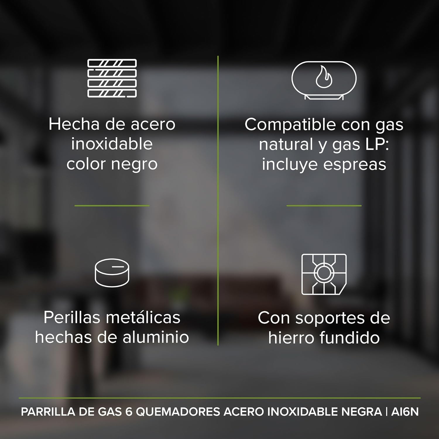 AVERA Parrilla de Gas 6 Quemadores 86cm, Acero Inoxidable Color Negro, Empotrable, Soportes de Hierro Fundido, Encendido Electronico, Estufa Empotrable, Compatible con Gas LP y Gas Natural, AI6N