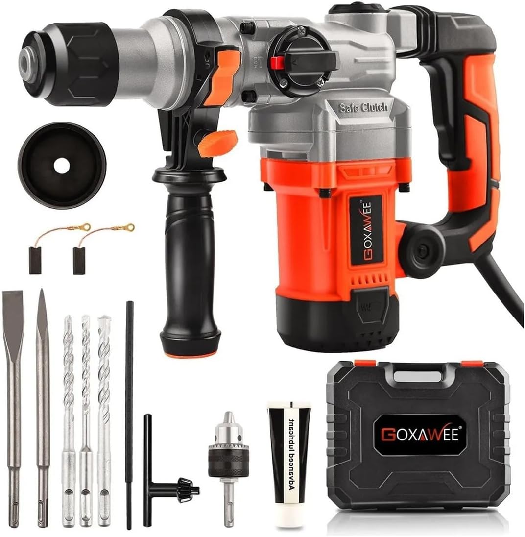 GOXAWEE Kit De 1600W Rotomartillo Cincelador Perforador, 1050RPM, SDS-Plus Con Maletín De Transporte, Taladro de martillo giratorio para Martillar Hormigón, Cavidades de Paredes
