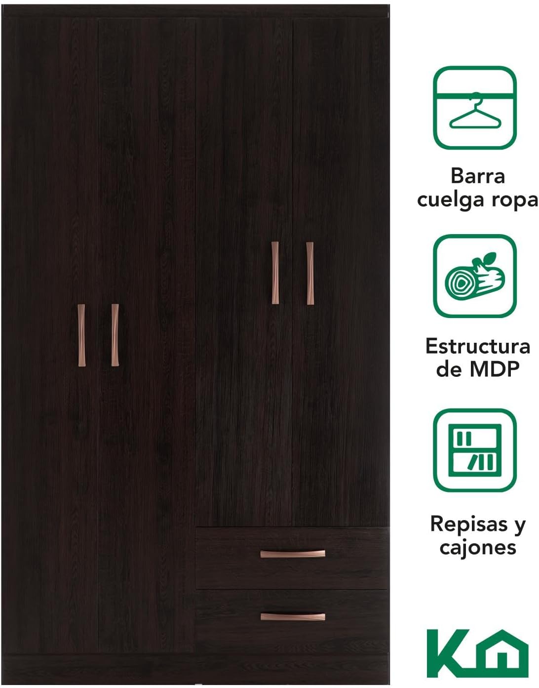 Kingshouse | Ropero De 6 Puertas con 2 Cajones – Color Café – Barra para Colgar – Estructura MDP – Mueble Organizador De Ropa – Armario para Casa, Recámara y Hogar