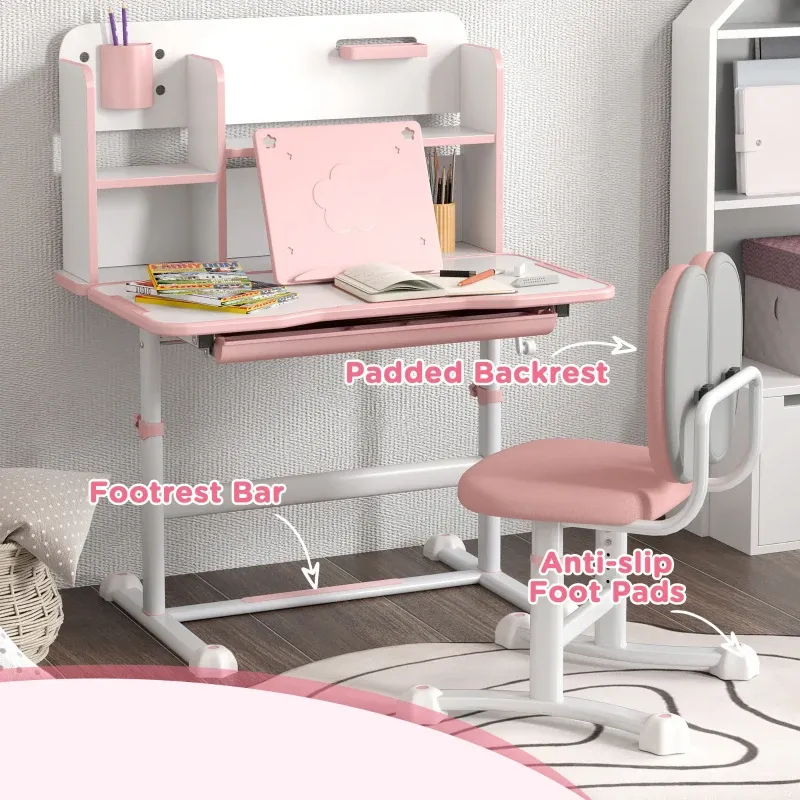 Qaba Juego de escritorio y silla para niños de altura ajustable para escribir y dibujar con escritorio inclinable, cajón de almacenamiento y estante de lectura