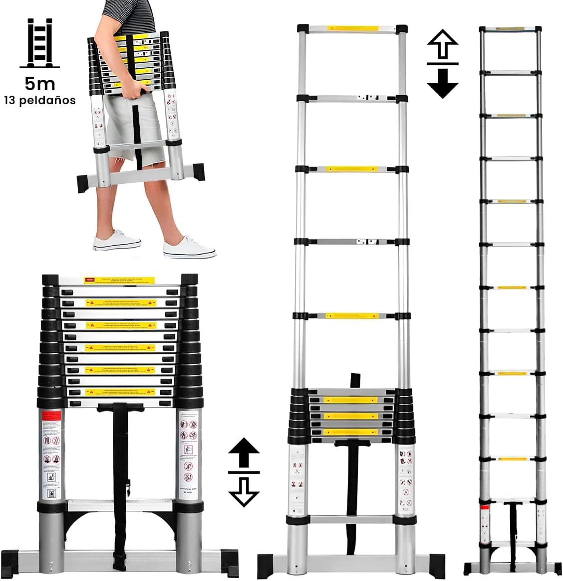 Raganet, Escalera Telescópica Recta, Escalera de Recta de Altura Ajustable, Aluminio Reforzado y Duradera, Modelo Retráctil de Mayor Estabilidad (5 Metros)
