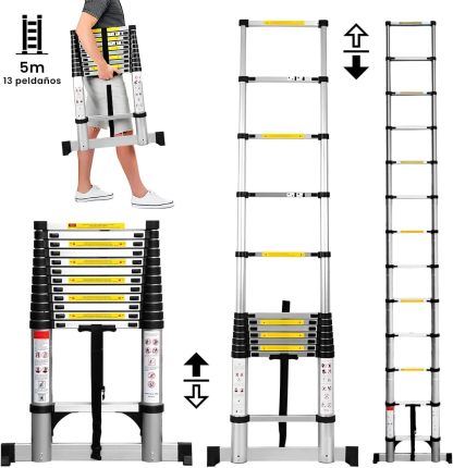 Raganet, Escalera Telescópica Recta, Escalera de Recta de Altura Ajustable, Aluminio Reforzado y Duradera, Modelo Retráctil de Mayor Estabilidad (5 Metros)