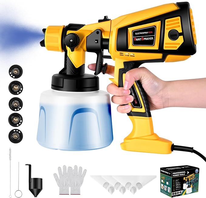 Pistola de Pintura, 800W Pistola para Pintar Eléctrica con Recipiente de 1400ml, Pulverizador de Pintura Multipropósito con 3 Modos de Pulverización y 4 Boquillas para Casas, Paredes, Muebles, Cercas