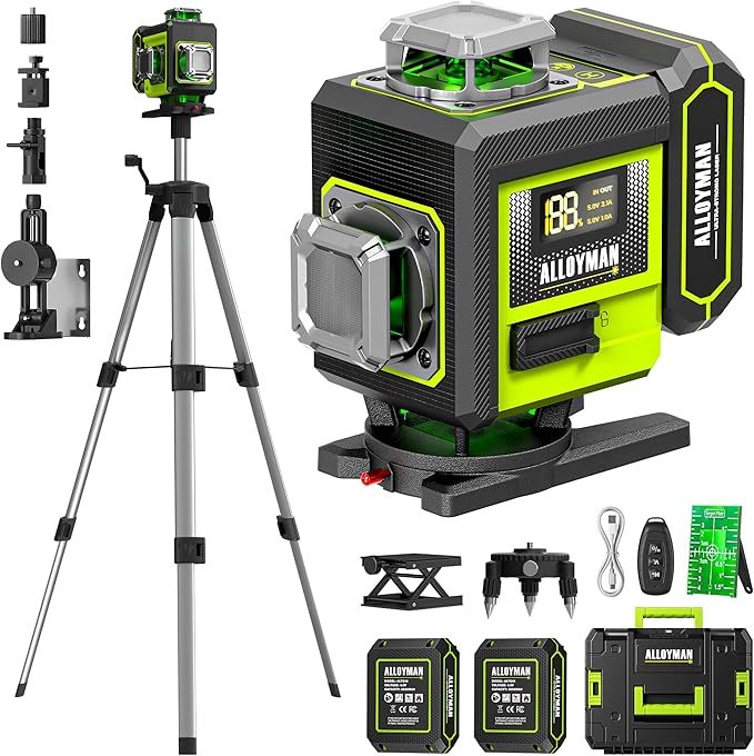 📐🎁Nivel Láser Alloyman 4D 16 Líneas Verdes, Autonivelante 4x360°, Incluye Trípode y 2 Baterías de Litio, para Azulejos, Colgar Cuadros y Reformas de Interiores, Excelente Regalo para Navidad y Año Nuevo