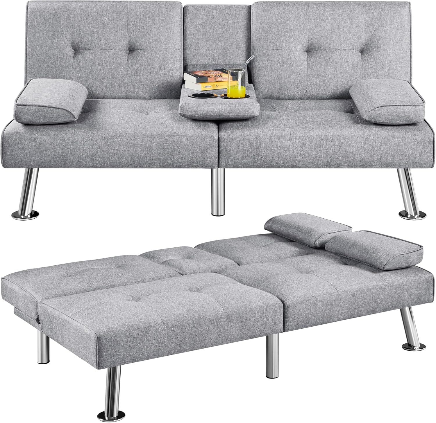 Yaheetech - Sofá cama convertible ajustable, moderno sillón reclinable, piel sintética, plegable, cama de invitados, reposabrazos extraíbles, portavasos 3 ángulos, capacidad de 317 kg, blanco