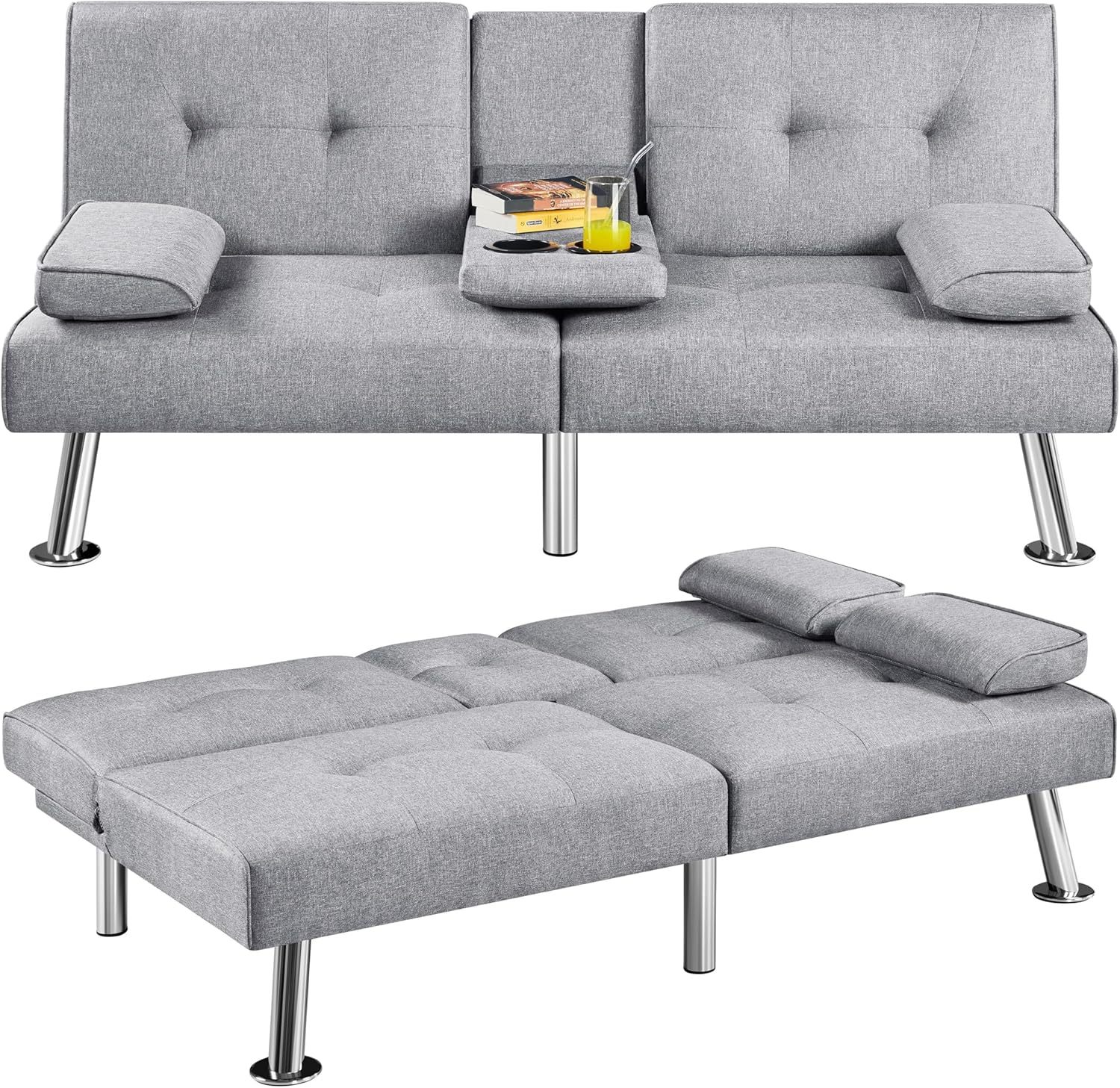 Yaheetech - Sofá cama convertible ajustable, moderno sillón reclinable, piel sintética, plegable, cama de invitados, reposabrazos extraíbles, portavasos 3 ángulos, capacidad de 317 kg, blanco
