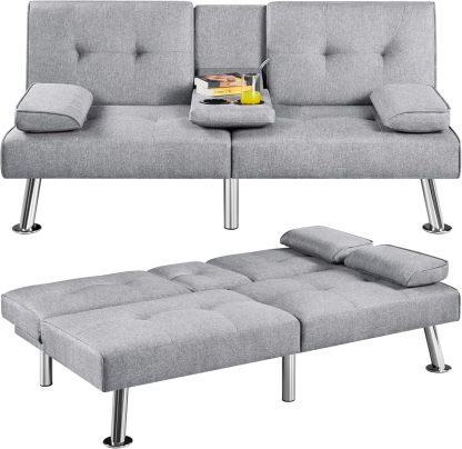 Yaheetech - Sofá cama convertible ajustable, moderno sillón reclinable, piel sintética, plegable, cama de invitados, reposabrazos extraíbles, portavasos 3 ángulos, capacidad de 317 kg, blanco